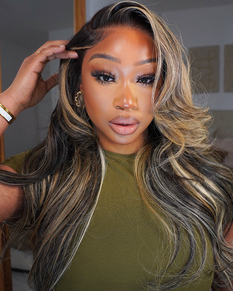 Arabella 13x6 Three-Go™ Ombre Platinum Blonde Balayage Highlights Glueless Wig Loose Body Wave With Drawstring