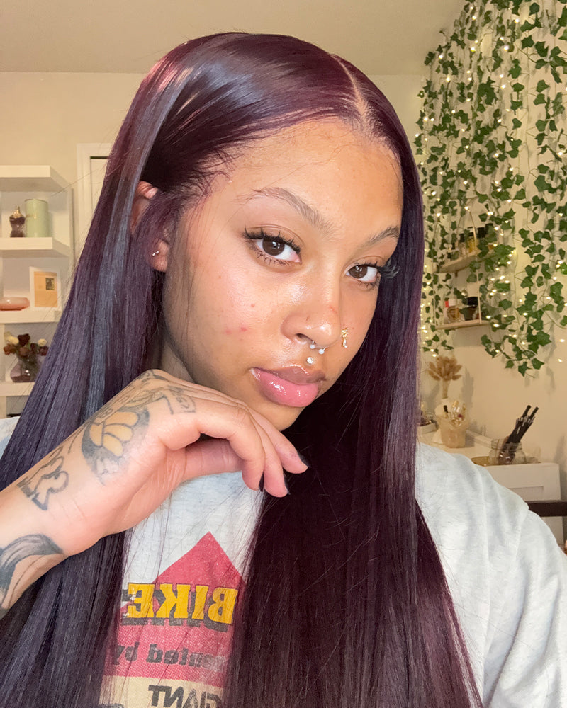 Arabella 6x5/13x4 Lace Glueless Dark Plum Straight Wig Pre-cut Lace Beginner Friendly