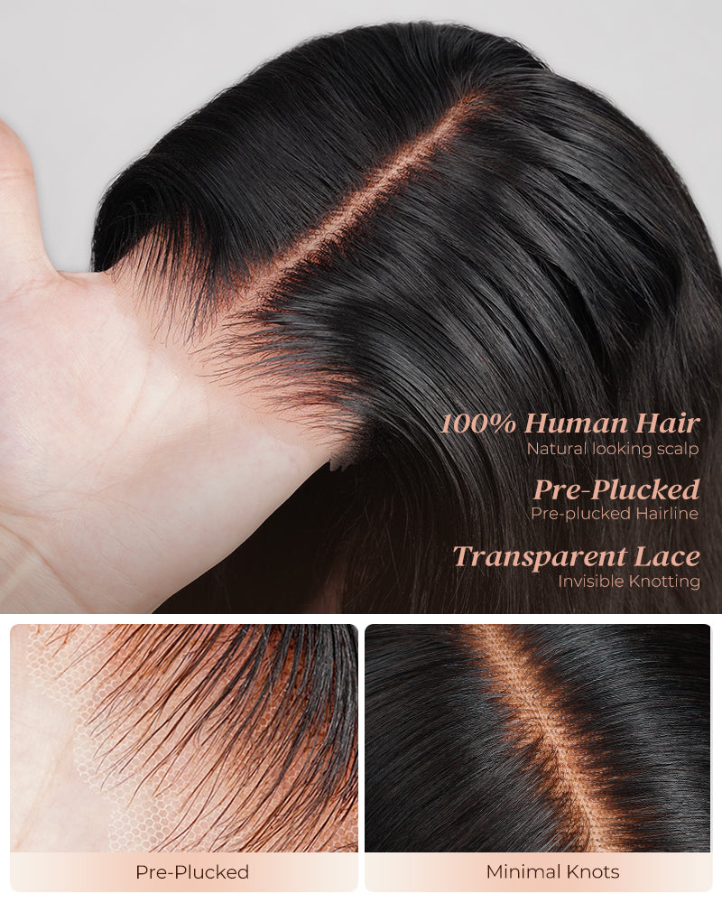 100% black human hair wig with straight texture, pre-plucked for a natural hairline.