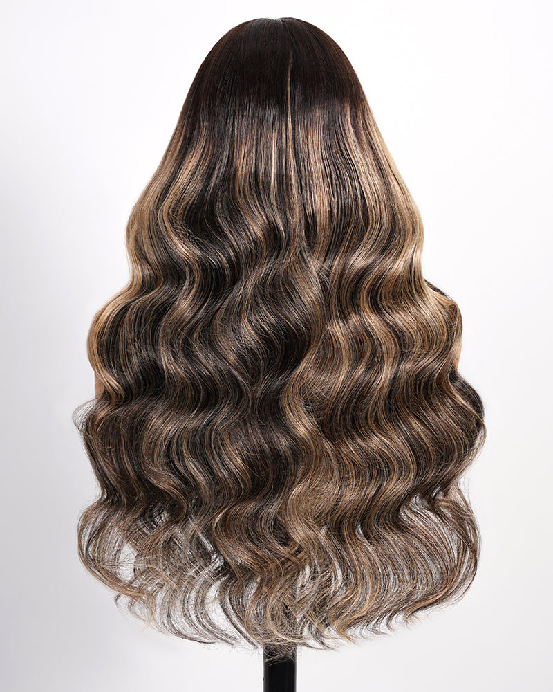 brown hair with blonde highlights loose body wave back view arabella hair