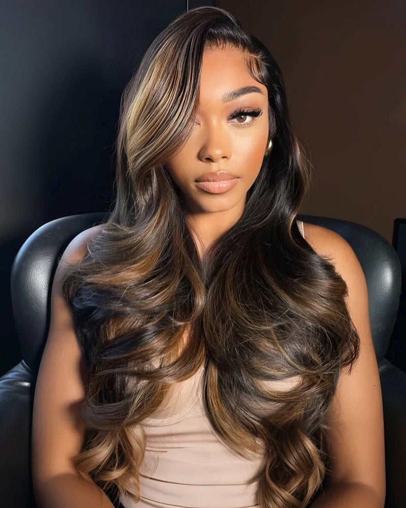 Arabella 360 Full Lace Glueless Auburn Highlights on Black Hair Body Wave Wig Invisi Drawstring Pull & Go