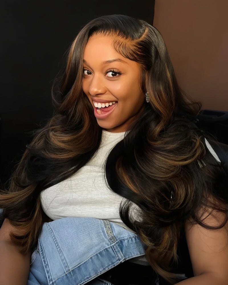 Arabella 360 Full Lace Glueless Auburn Highlights on Black Hair Body Wave Wig Invisi Drawstring Pull & Go