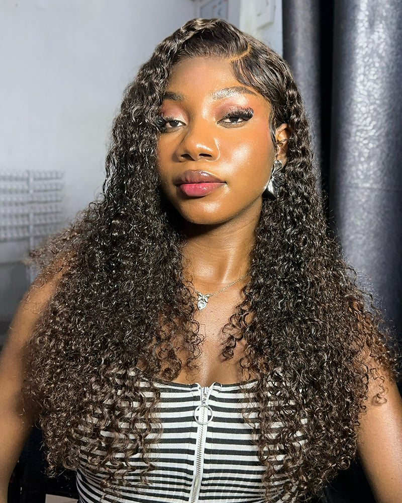 Arabella 13x4 Frontal Lace & 6x5 Invisible Knots Glueless Chocolate Brown Water Wave Wig Invisible Knots Realistic Hairline