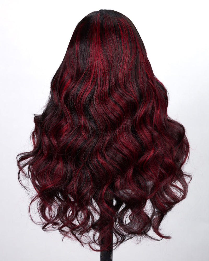 Arabella 13x4 Frontal Lace Red Highlight Body Wave Wig Invisible Knots Realistic Hairline