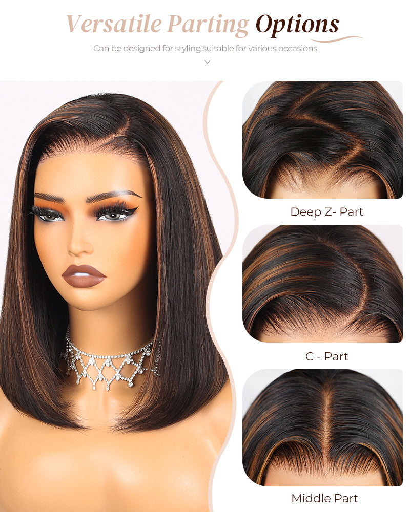 Arabella 6x5/6x6/13x4 Lace Glueless Auburn Highlights on Black Hair Straight Bob Wig Pre-cut Lace Beginner Friendly