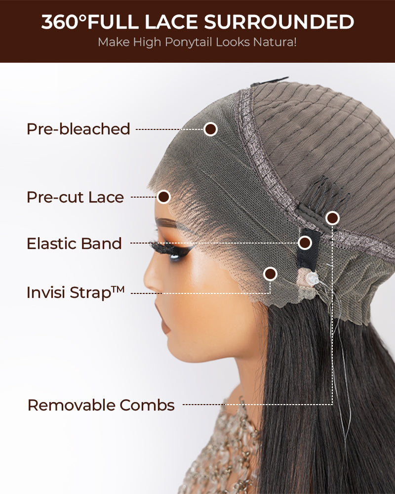 Arabella 360 Full Lace Glueless Auburn Highlights on Black Hair Body Wave Wig Invisi Drawstring Pull & Go