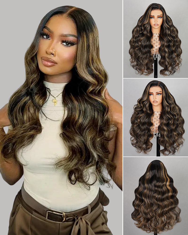 Arabella 13x4 Frontal Lace & 6x5 Invisible Knots Glueless Balayage Highlight Body Wave/Silky Straight Wig Invisible Knots Realistic Hairline