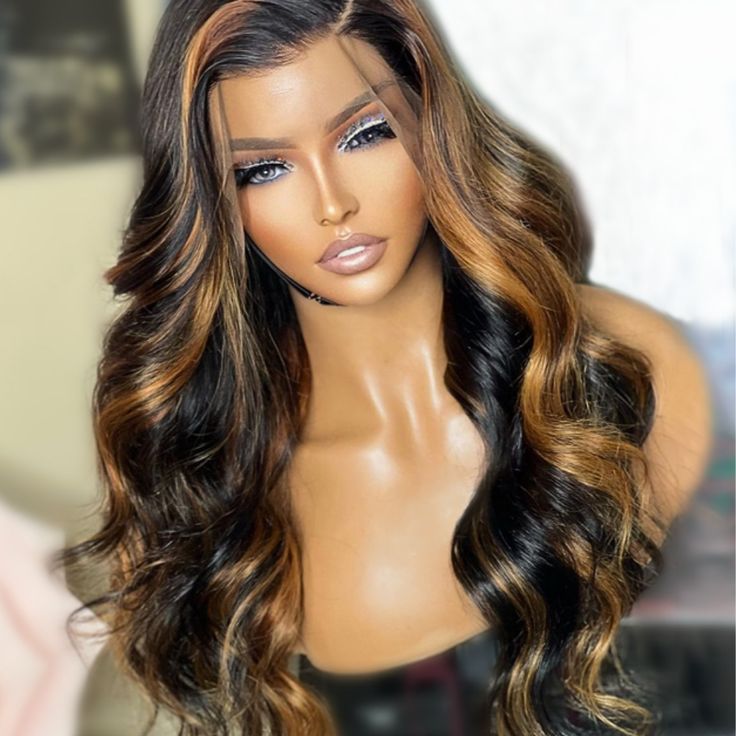Arabella 360 Full Lace Glueless Auburn Highlights on Black Hair Body Wave Wig Invisi Drawstring Pull & Go
