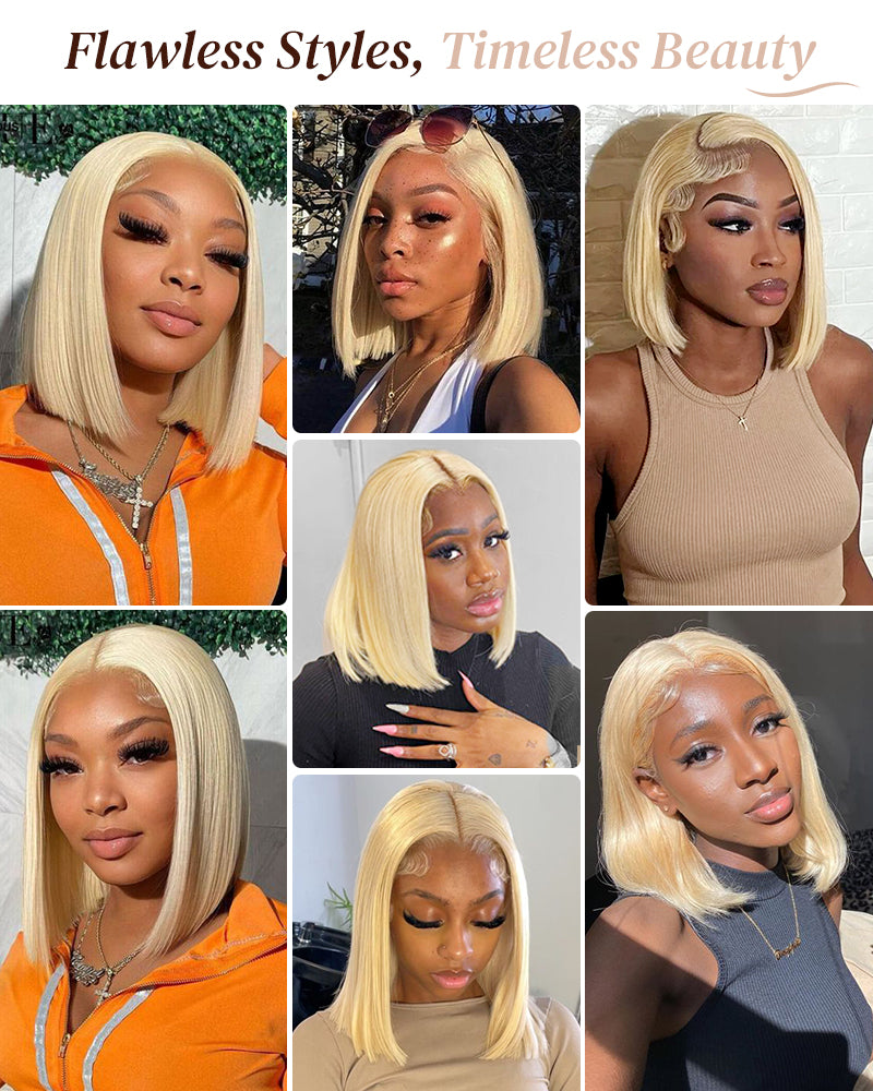 Arabella 6x5 Invisible Knots Glueless & 13x4 Frontal Lace Straight Bob Wig Pre-cut Lace 613 Blonde Beginner Friendly