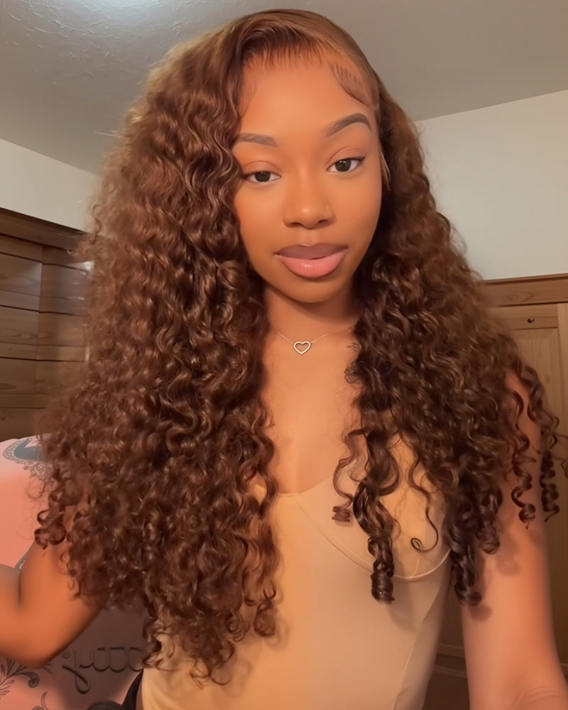 Arabella 13x4 Frontal Lace & 6x5 Invisible Knots Glueless Chocolate Brown Water Wave Wig Invisible Knots Realistic Hairline