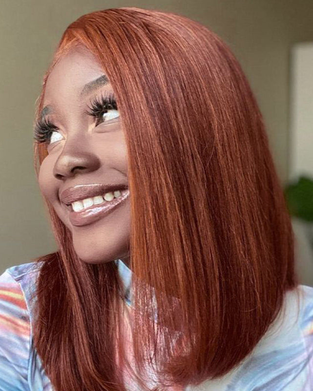 Reddish Brown Auburn Color Straight Short Bob 6x5 Lace Front Human Hair Wigs
