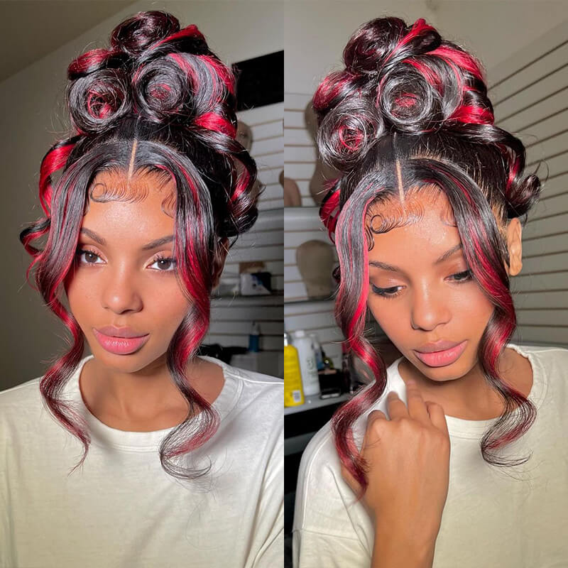 Arabella 13x4 Frontal Lace Red Highlight Body Wave Wig Invisible Knots Realistic Hairline
