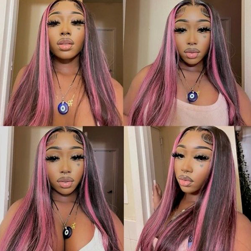 Arabella 13x4 Frontal Lace Purple Highlight Straight Wig Invisible Knots Realistic Hairline