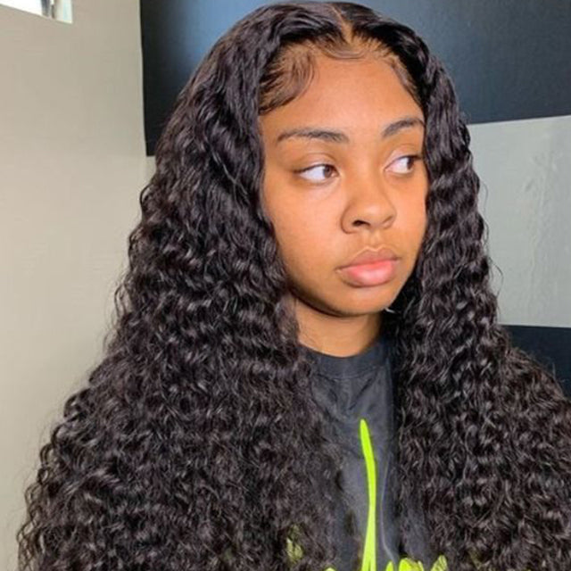 000【Bogo Sale】Deep Curly Natural Black 13x4 Frontal Lace Human Hair Wig