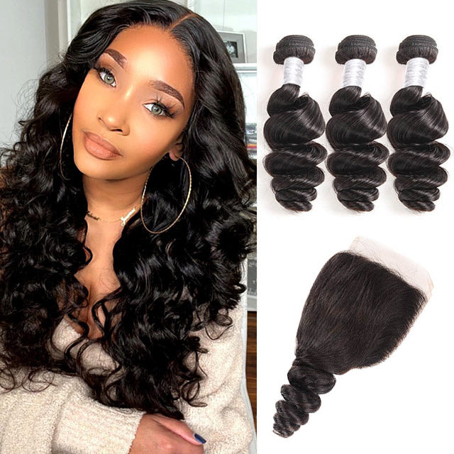 Loose Wave Human Hair Bundles With Closure 12A HD 4*4 Closure With Bundles - arabellahair.com