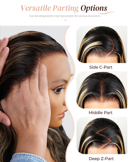 Arabella 13x4 Frontal Lace &amp; 6x5 Invisible Knots Glueless Balayage Highlight Body Wave/Silky Straight Wig Invisible Knots Realistic Hairline