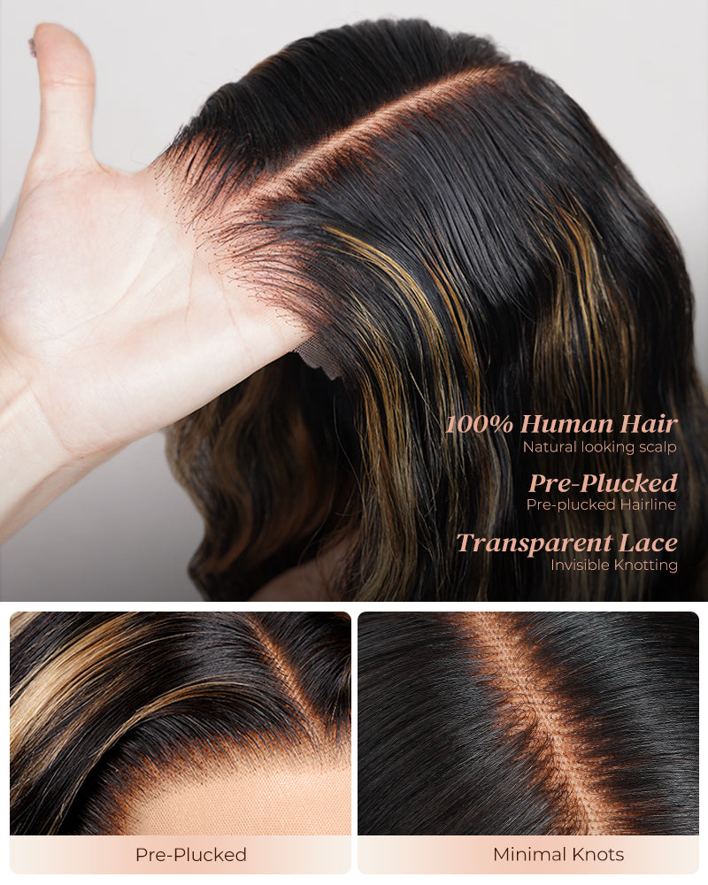 【BOGO】Arabella 6x5 Invisible Knots &amp; 13x4 Frontal Lace Honey Blonde Highlights On Black Body Wave Wig Invisible Knots