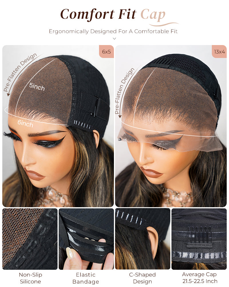 【BOGO】Arabella 6x5 Invisible Knots &amp; 13x4 Frontal Lace Honey Blonde Highlights On Black Body Wave Wig Invisible Knots