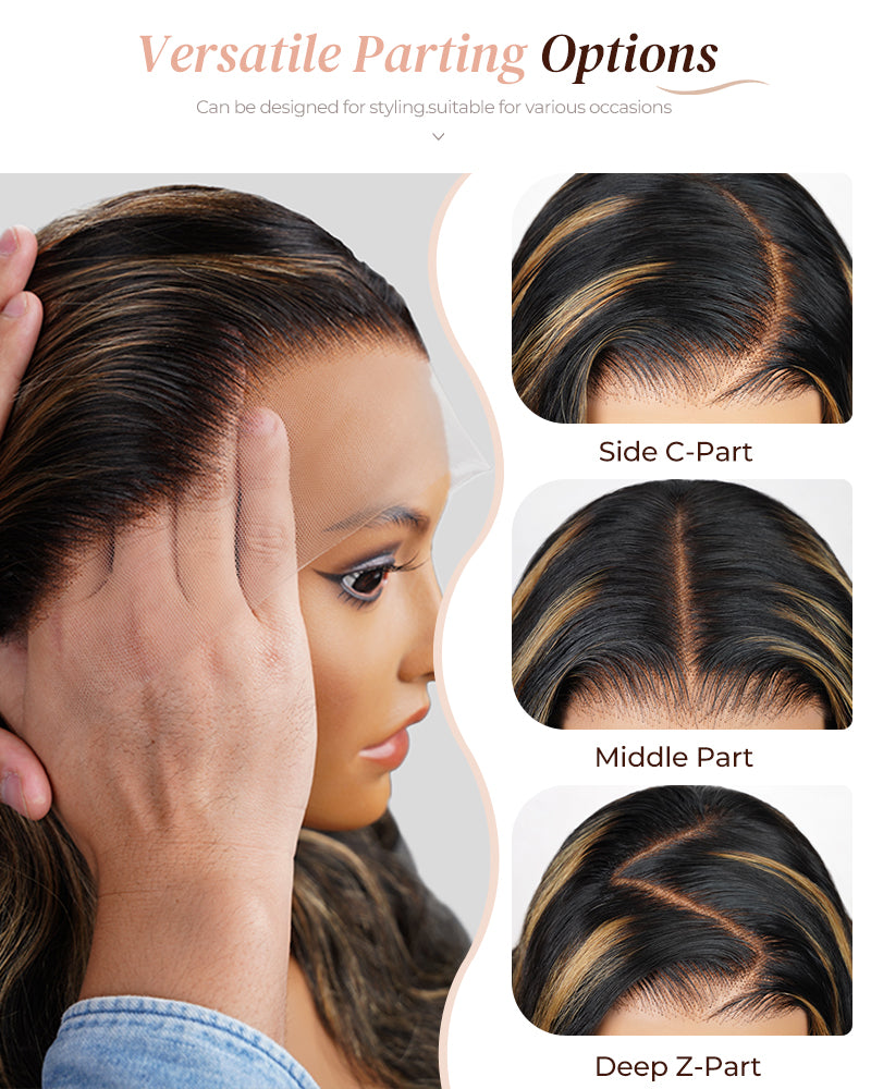 【BOGO】Arabella 6x5 Invisible Knots &amp; 13x4 Frontal Lace Honey Blonde Highlights On Black Body Wave Wig Invisible Knots