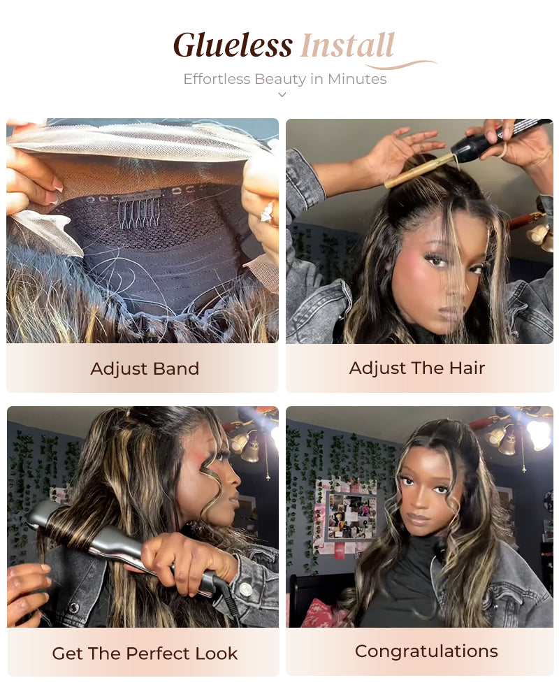 【BOGO】Arabella 6x5 Invisible Knots &amp; 13x4 Frontal Lace Honey Blonde Highlights On Black Body Wave Wig Invisible Knots