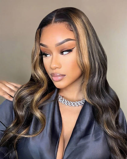 Arabella 13x4 Frontal Lace Auburn Highlights on Black Hair Body Wave Wig Invisible Knots Realistic Hairline