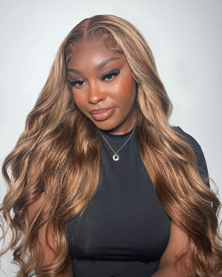 Arabella 13x4 Frontal Lace Honey Blonde Highlights On Brown Wig Body Wave Wig Invisible Knots Realistic Hairline