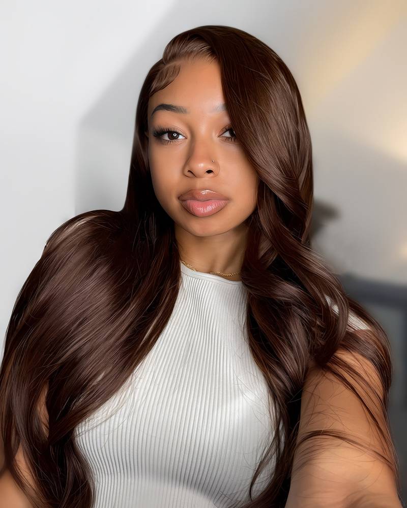 Arabella 13x4 &amp; 6x5 lace frontal glueless human hair chocolate brown body wave wig transparent lace hair style side part