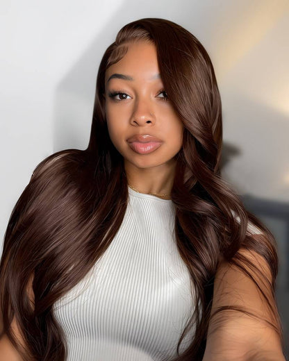 Arabella 13x4 &amp; 6x5 lace frontal glueless human hair chocolate brown body wave wig transparent lace hair style side part