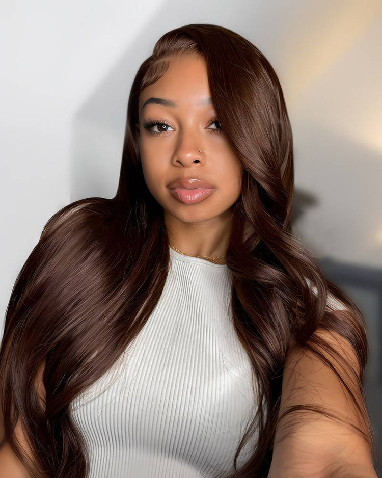 Arabella 13x4 Frontal Lace &amp; 6x5 Invisible Knots Glueless Chocolate Brown Body Wave/Silky Straight Wig Invisible Knots Realistic Hairline