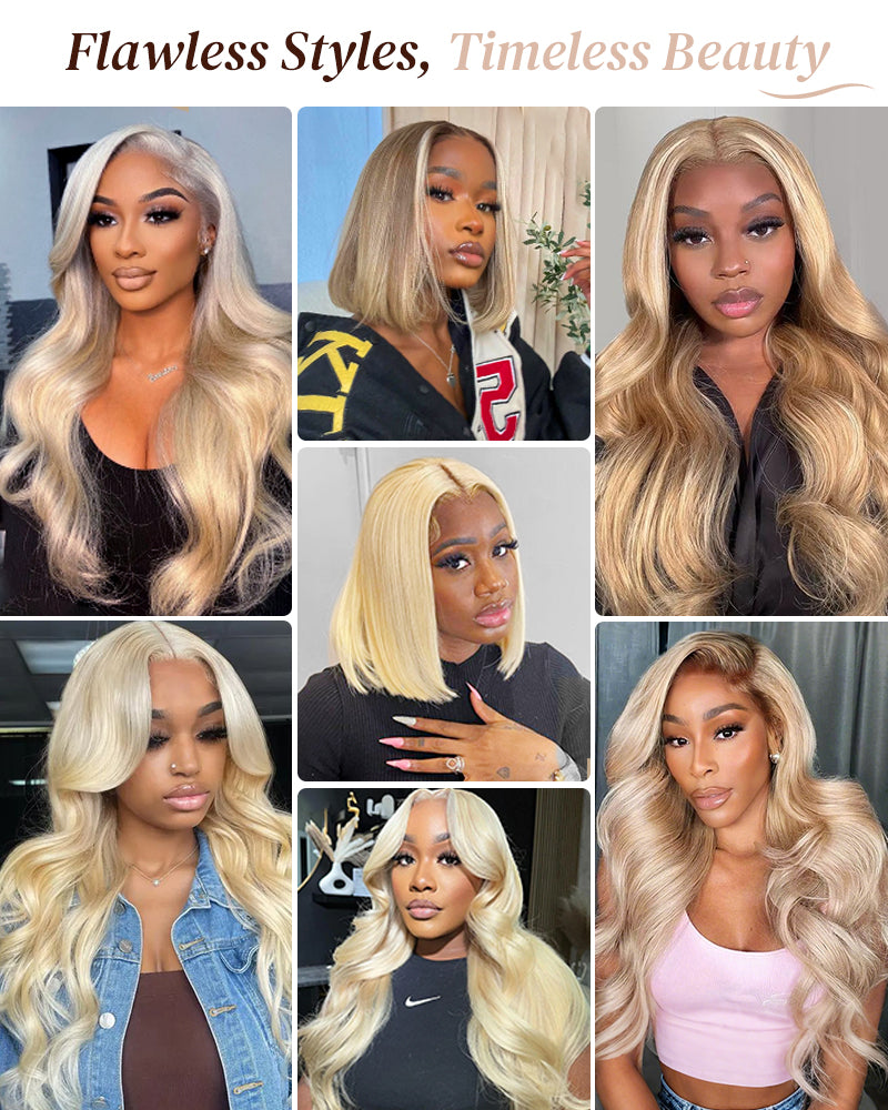 Arabella 13x4 Frontal Lace &amp; 6x5 Invisible Knots Glueless 613 Blonde Body Wave Wig Invisible Knots Realistic Hairline