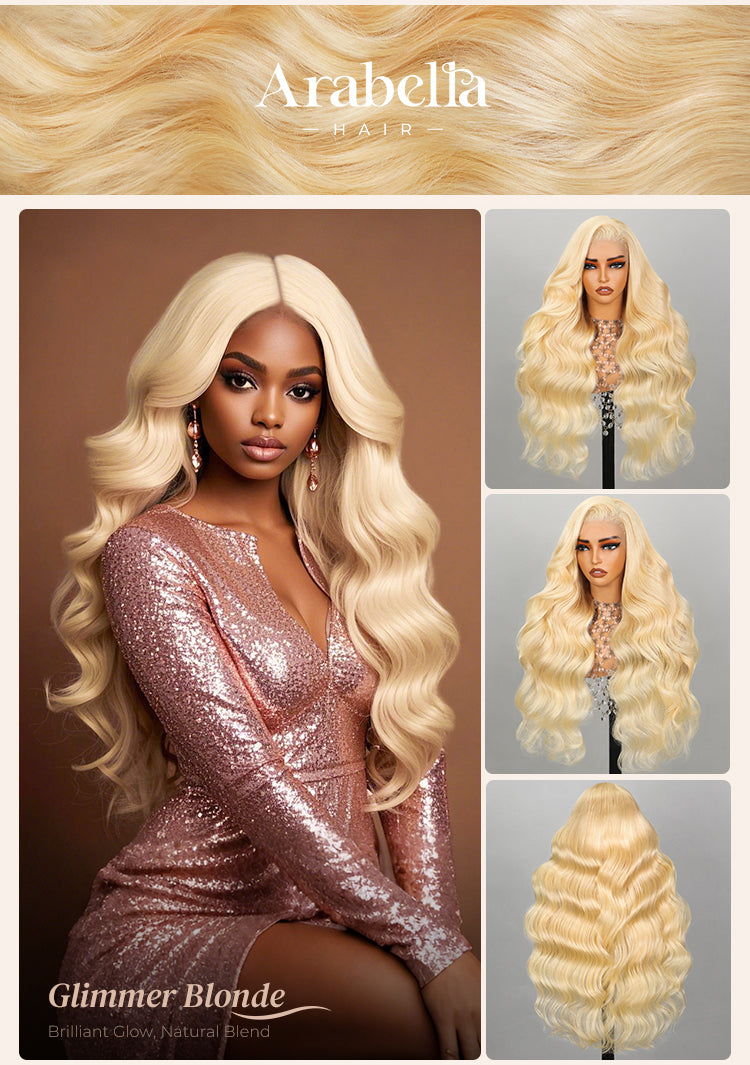 Poster Showing Three Views of Honey Blonde Body Wave Wig