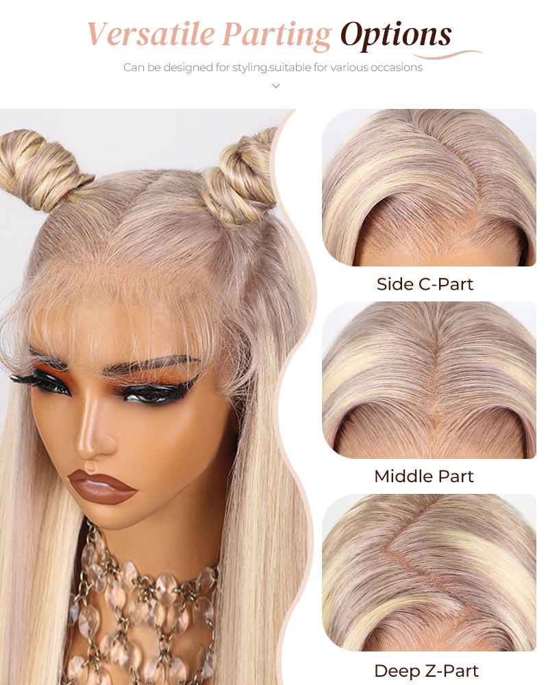 Arabella 13x4 Frontal Lace Blonde Highlight Body Wave/Silky Straight Colored Wig Invisible Knots Realistic Hairline