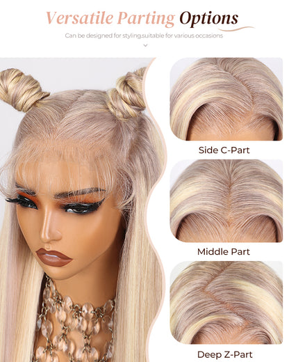 Arabella 13x4 Frontal Lace Blonde Highlight Body Wave/Silky Straight Colored Wig Invisible Knots Realistic Hairline