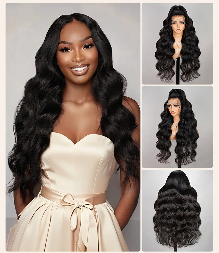 Collage of Black Body Wave Wig on Model and Mannequin