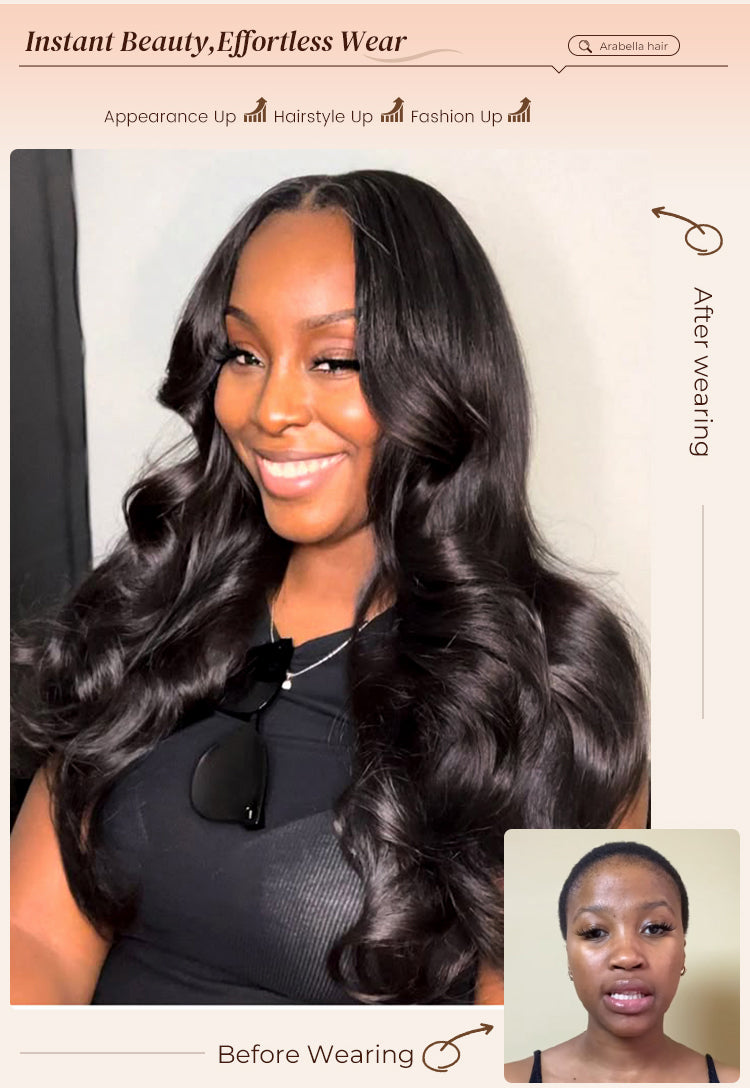 Before and After Wearing Black Body Wave Wig on Woman