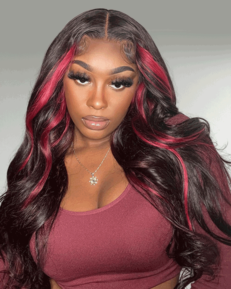 Dark Burgundy Rose Red Highlights Colored Body Wave 13x4 Lace Front Human Hair Wig