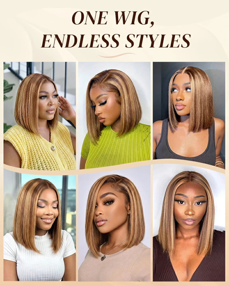 Arabella 13x6 Three-Go™ Ombre Highlight Honey Blonde Glueless Wig Straight Bob Wig With Drawstring