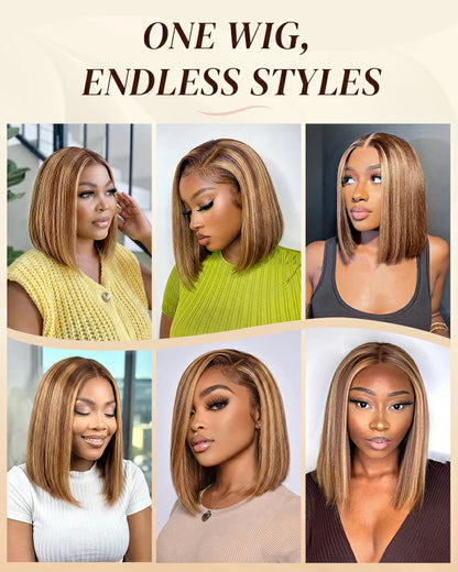 Arabella 13x6 Three-Go™ Ombre Highlight Honey Blonde Glueless Wig Straight Bob Wig With Drawstring