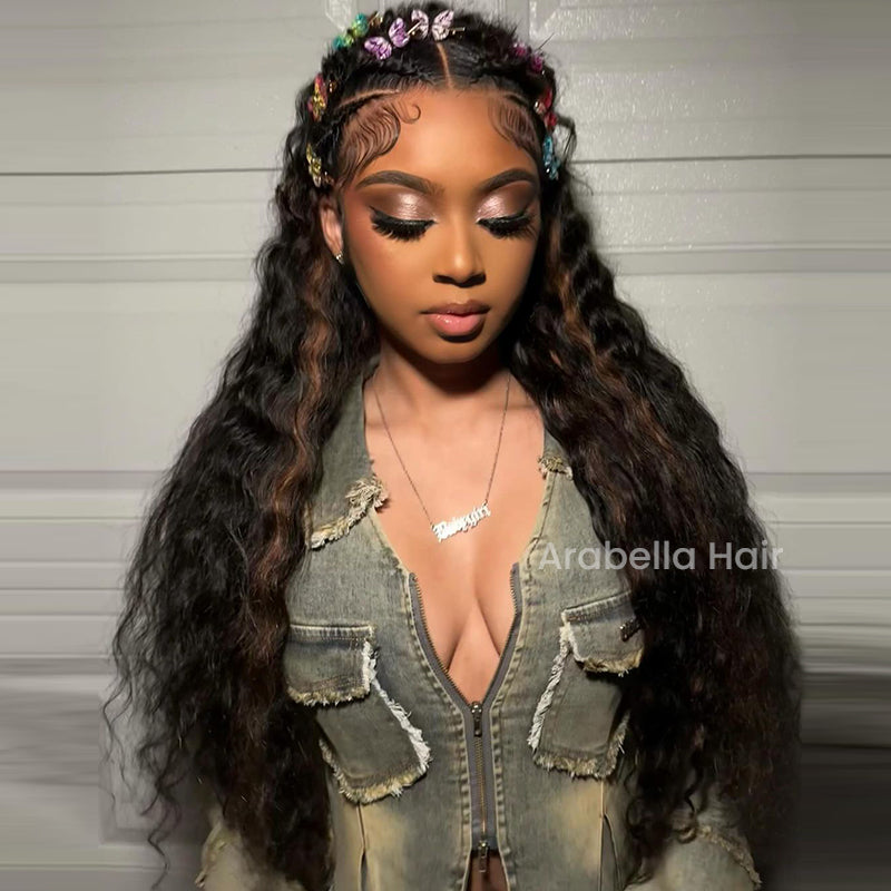 Arabella 13x4 Frontal Lace Auburn Highlights on Black Hair Loose Deep Wave Wig Invisible Knots Realistic Hairline