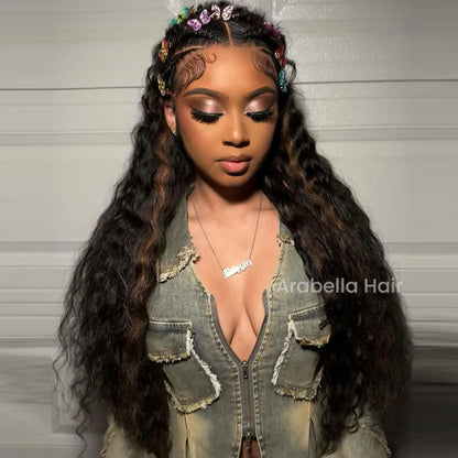 Arabella 13x4 Frontal Lace Auburn Highlights on Black Hair Loose Deep Wave Wig Invisible Knots Realistic Hairline
