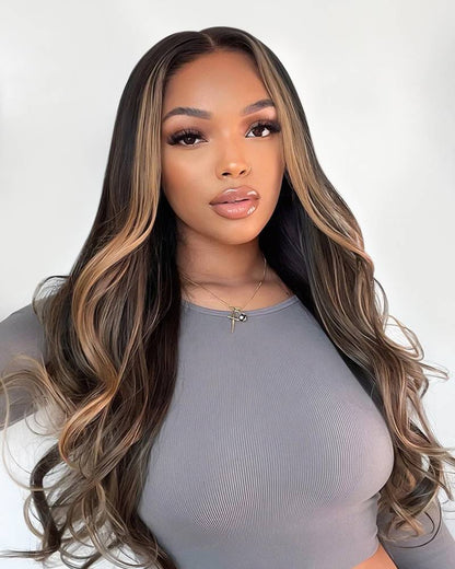 Arabella 13x4/6x5 Lace Glueless Auburn Highlights on Black Hair Body Wave Wig Invisible Knots Realistic Hairline