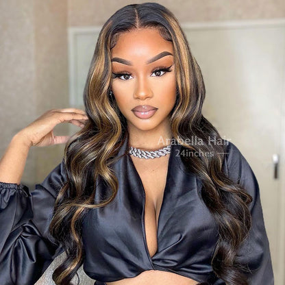 Arabella 13x4/6x5 Lace Glueless Auburn Highlights on Black Hair Body Wave Wig Invisible Knots Realistic Hairline