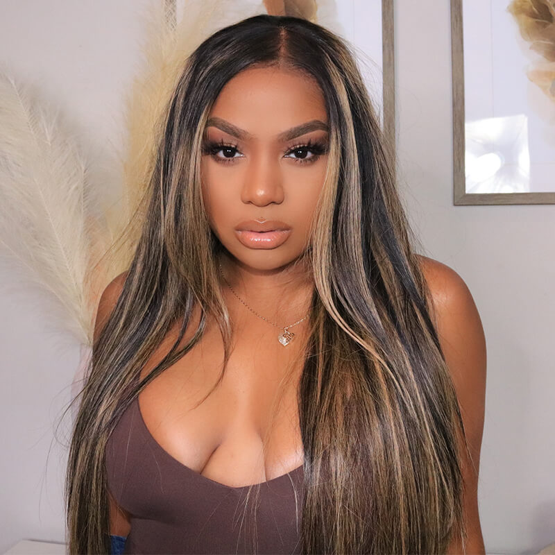 000[flash sale]26" 5x5 Glueless Lace Straight Balayage Highlight Lace Front Colored Human Hair Wig