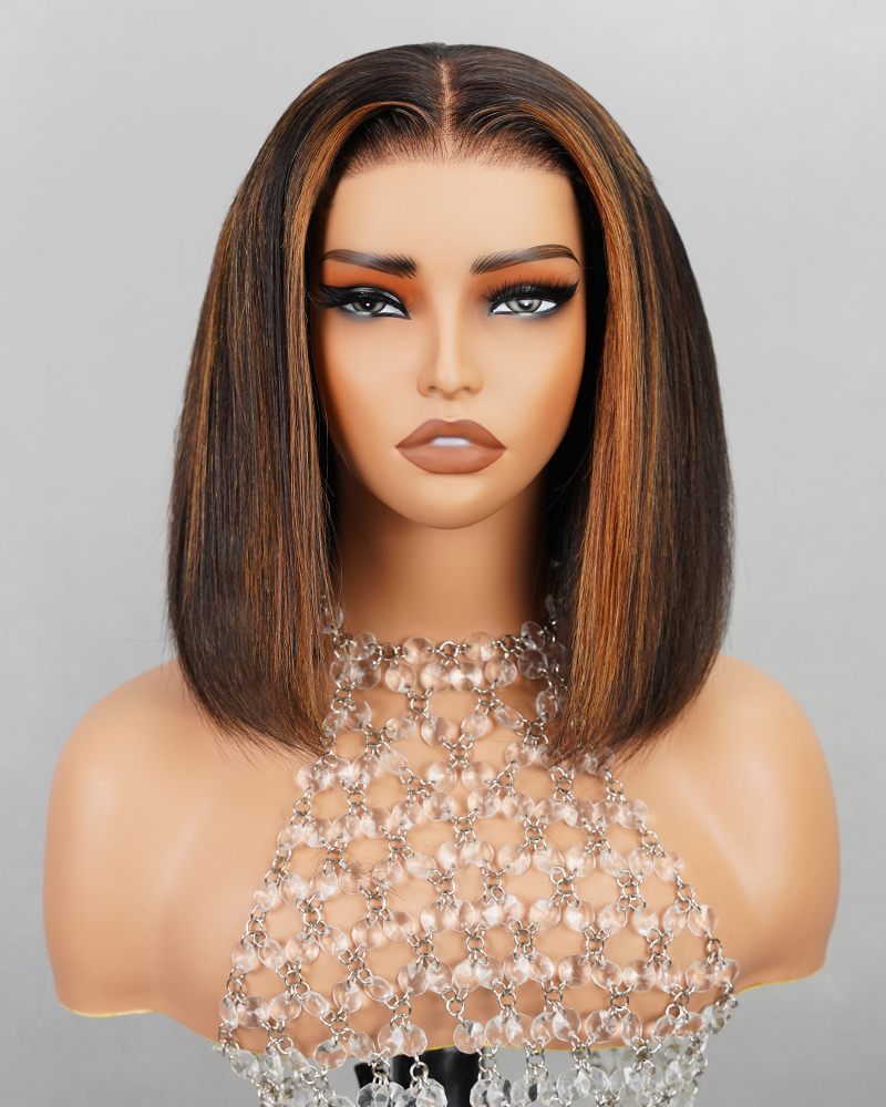 Arabella $59 Final Deal Price 6x6 Lace Glueless Auburn Highlights on Black Hair/Natural Black Straight/Jerry Curly Bob Wig 12" Auburn Highlights on Black Hair Straight