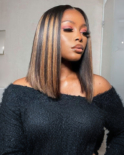 Arabella $69 Final Deal Price 12 Inch 6x5 Glueless Lace Balayage Highights/Natural Black/Auburn Highlights On Black Straight/Deep Curly Bob Wig 12" 6x5 Pre-Cut Lace Balayage Highights Straight