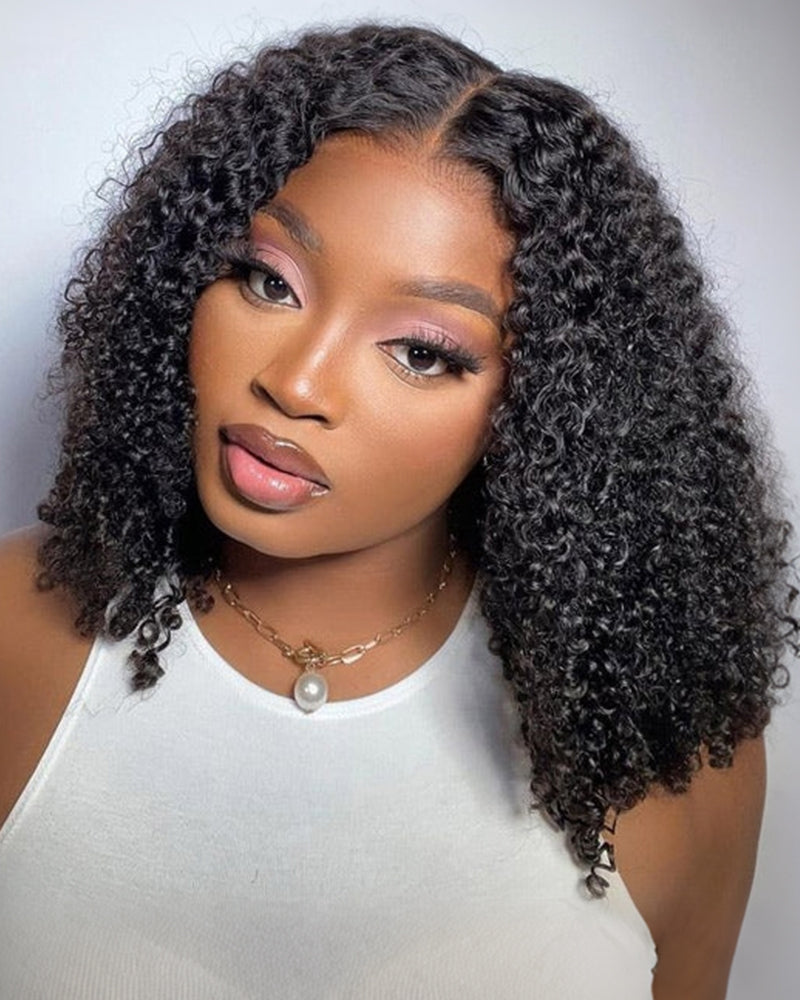Arabella $69 Final Deal Price 12 Inch 6x5 Glueless Lace Balayage Highights/Natural Black/Auburn Highlights On Black Straight/Deep Curly Bob Wig 12" 6x5 Lace Natural Black Deep Curly