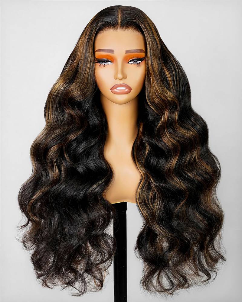 Arabella 360 Full Lace Glueless Auburn Highlights on Black Hair Body Wave Wig Invisi Drawstring Pull &amp; Go