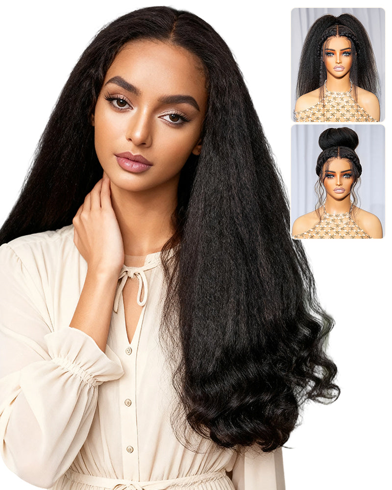 Arabella 3D Lace Half Wig Yaki Straight With Finger Coil Ends Wig Natural Black Breathable &amp; Security
