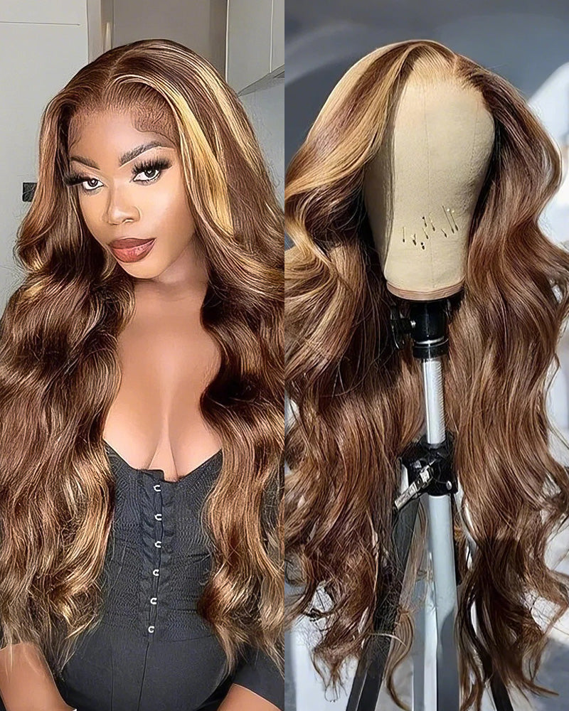 Arabella 【30&quot; Super Sale】 Minimalist Color Series 13x4 Lace Front Pre-Bleached Knots Blonde and Brown Highlight Colored Body Wave/Straight Human Hair Wig