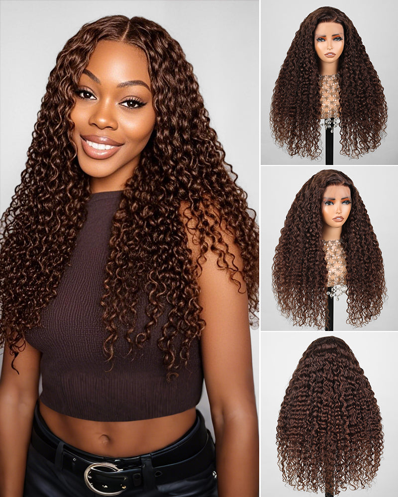 Arabella 13x4 Frontal Lace &amp; 6x5 Invisible Knots Glueless Chocolate Brown Water Wave Wig Invisible Knots Realistic Hairline